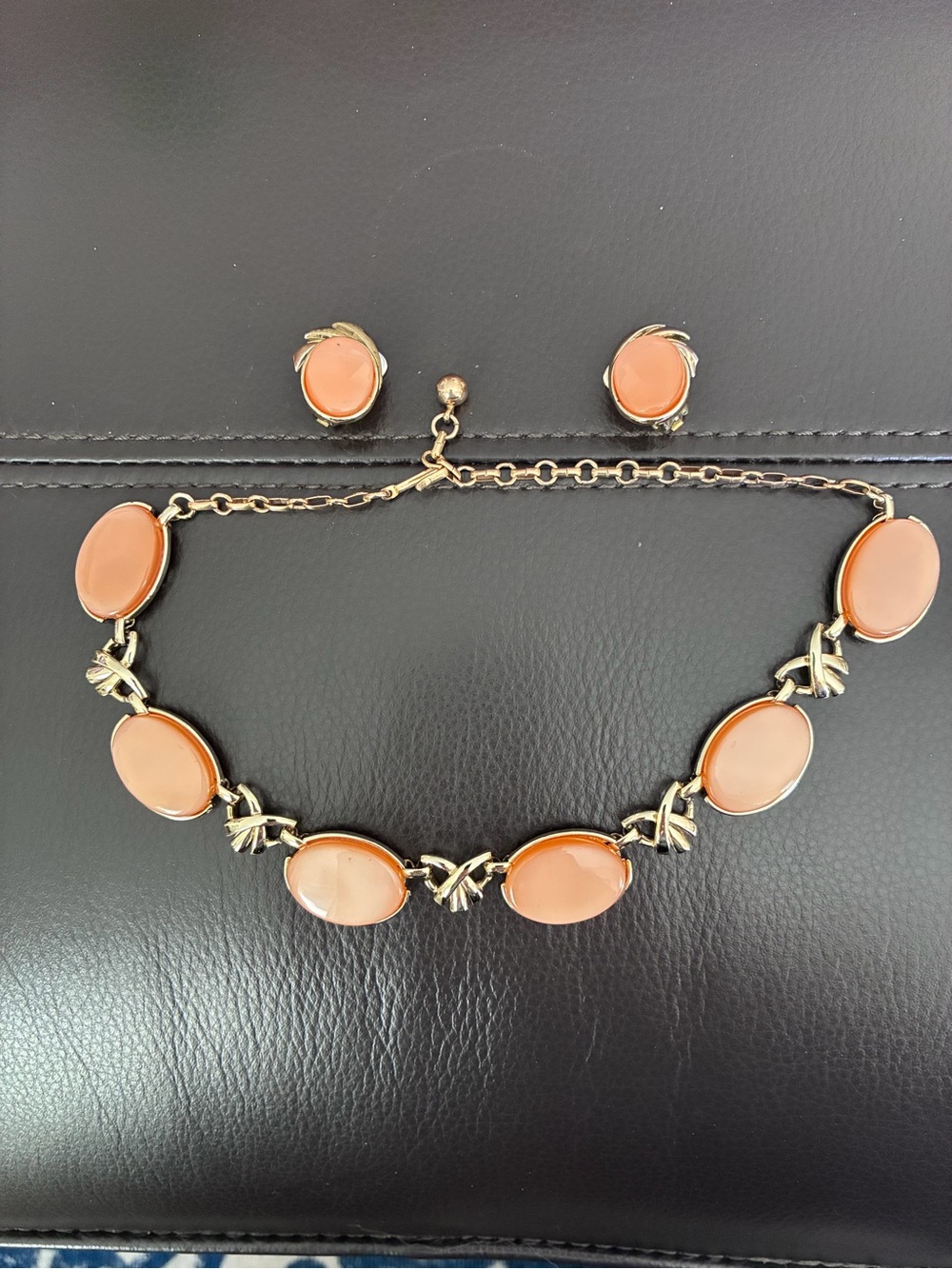 Signed Coro Gold-Tone Necklace and Earrings with Peachy Caramel Cabochons